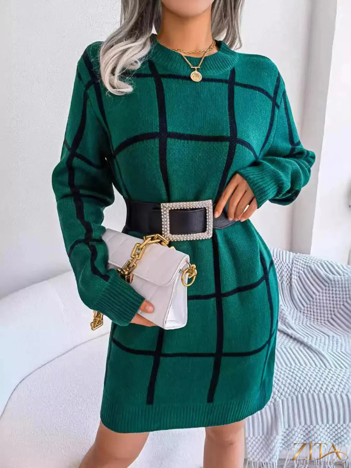 Zita La Belle Elite plaid long sleeve sweater dress with a cozy fit and classic pattern, perfect for casual or layered winter style.