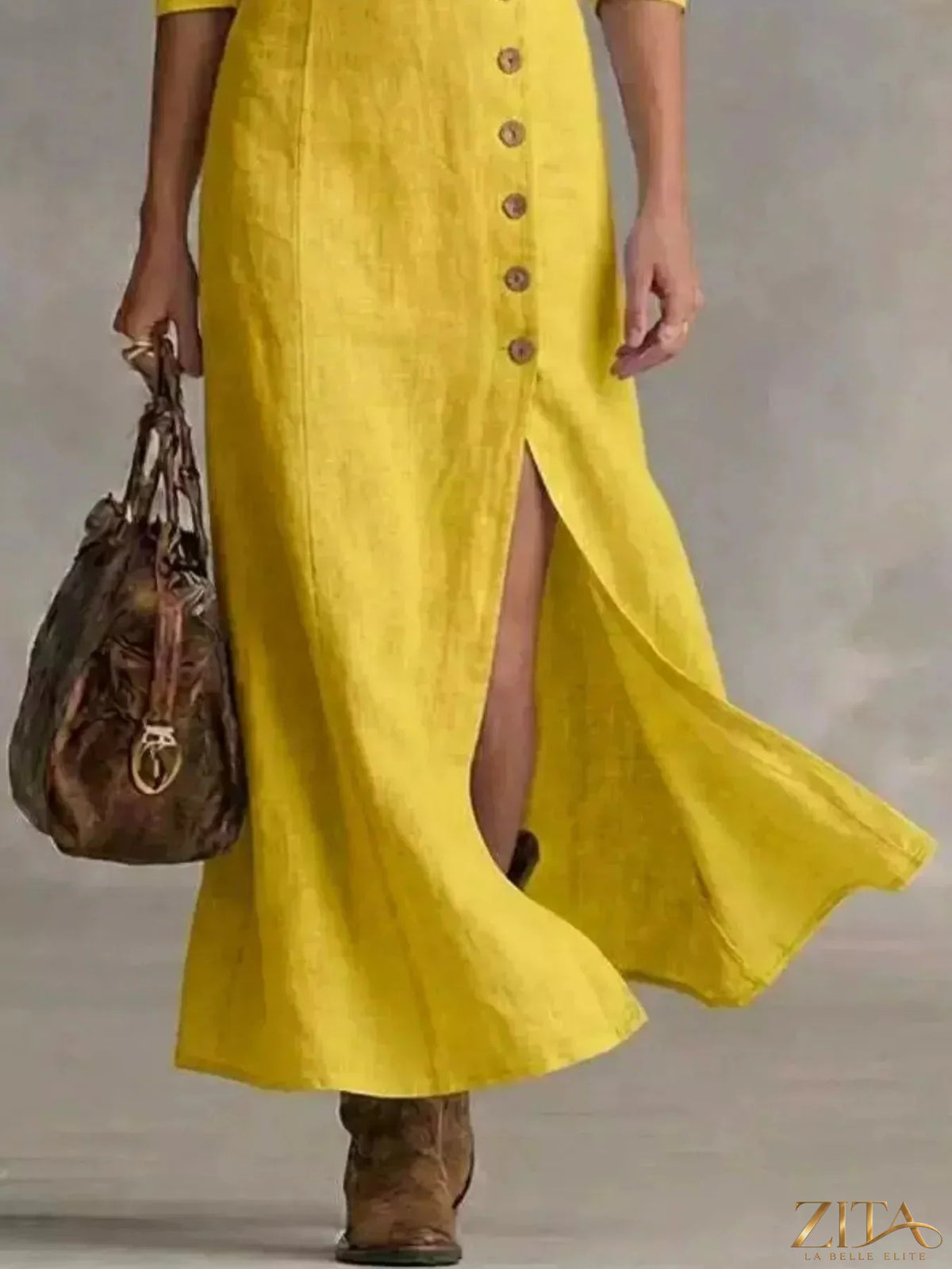 Zita La Belle Elite slit button-down midi dress in flowy fabric, featuring a side slit and classic collar design.