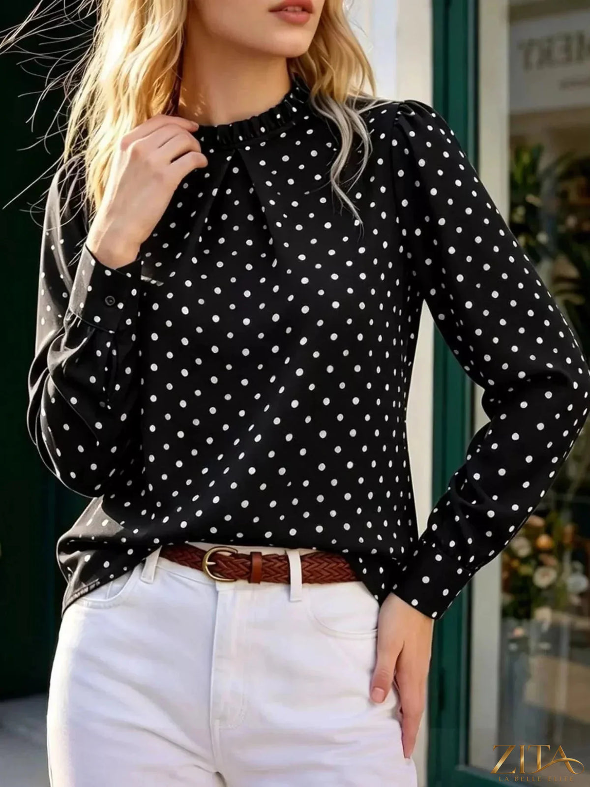 Zita La Belle Elite polka dot print mock neck long sleeve blouse, elegant design with classic black and white dots.