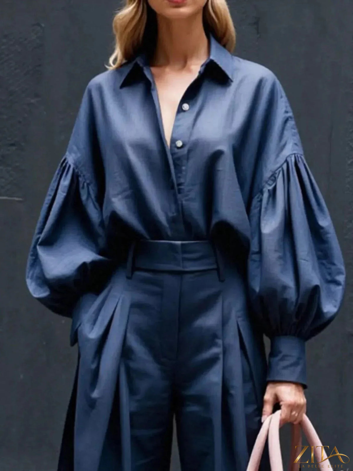 Zita La Belle Elite lantern sleeve shirt and wide-leg pants set, featuring a stylish button-up top with flowy trousers.