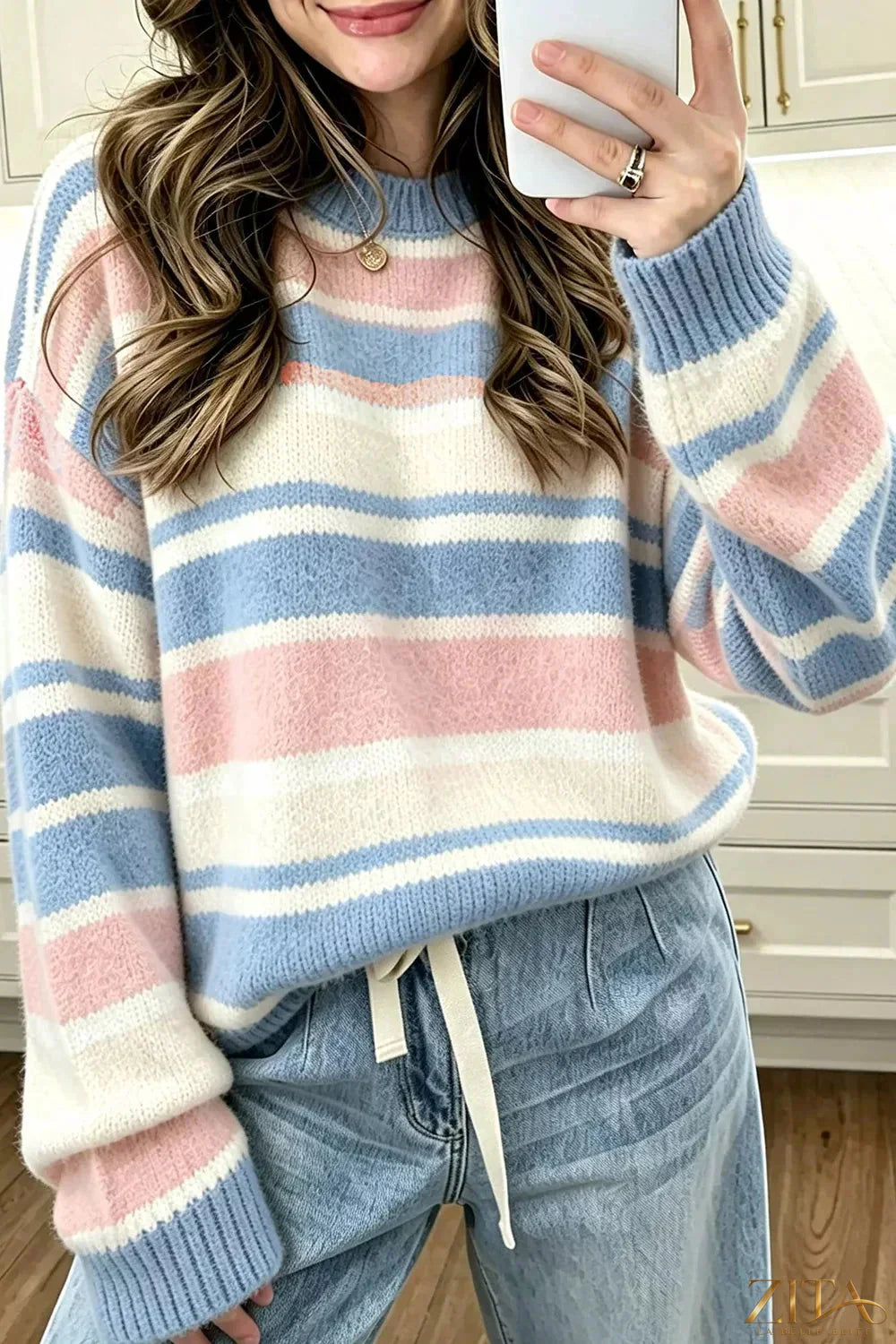 Zita La Belle Elite striped dropped shoulder sweater in navy and white with a cozy, relaxed fit and casual style.