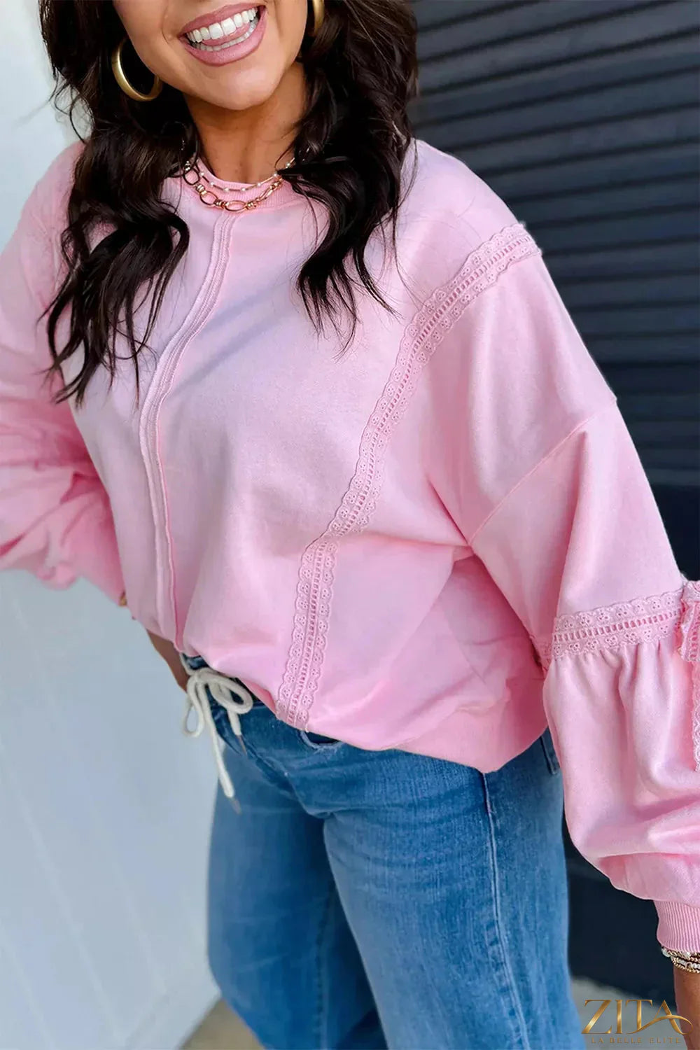 Zita La Belle Elite solid color raw seam lace detail loose casual sweatshirt, relaxed fit, lightweight fabric, front view.