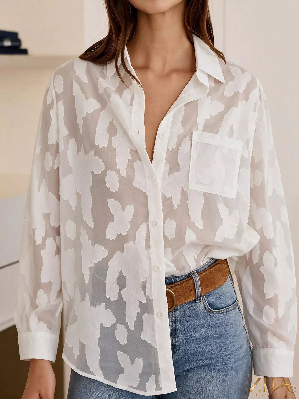 Zita La Belle Elite sheer button-down shirt with long sleeves and collar, lightweight and transparent fabric, stylish and elegant.