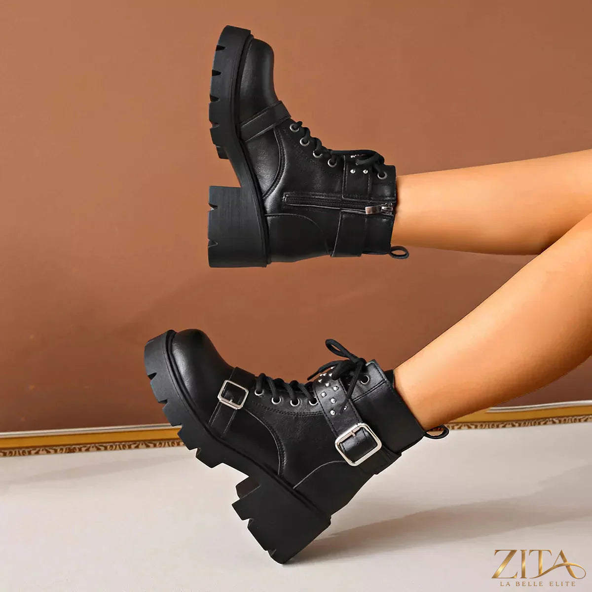 Black round toe block heels boots by Trendsi featuring sleek design and sturdy heel for stylish comfort.