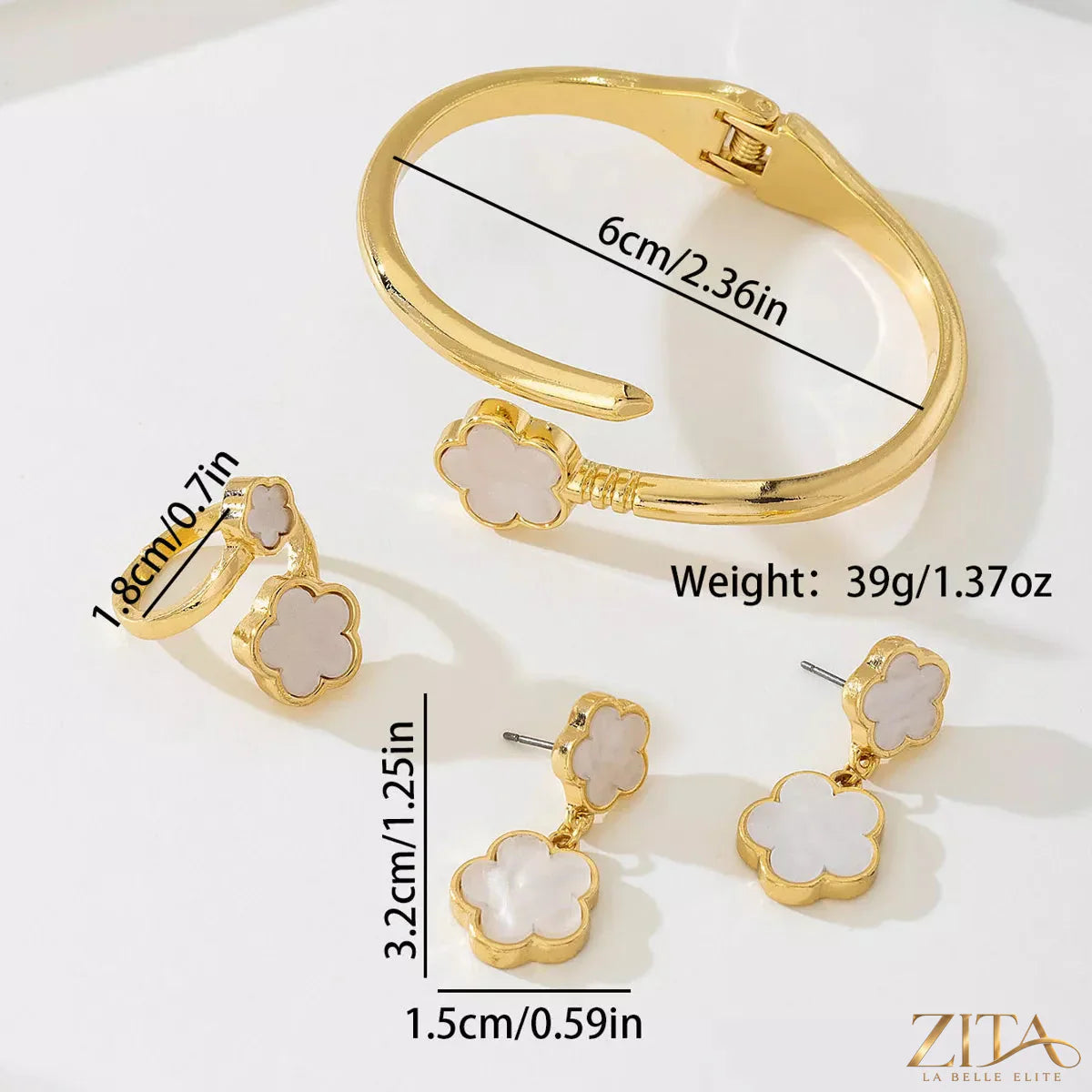 18K gold-plated flower jewelry set featuring earrings and necklace from Zita La Belle Elite, with intricate floral designs.