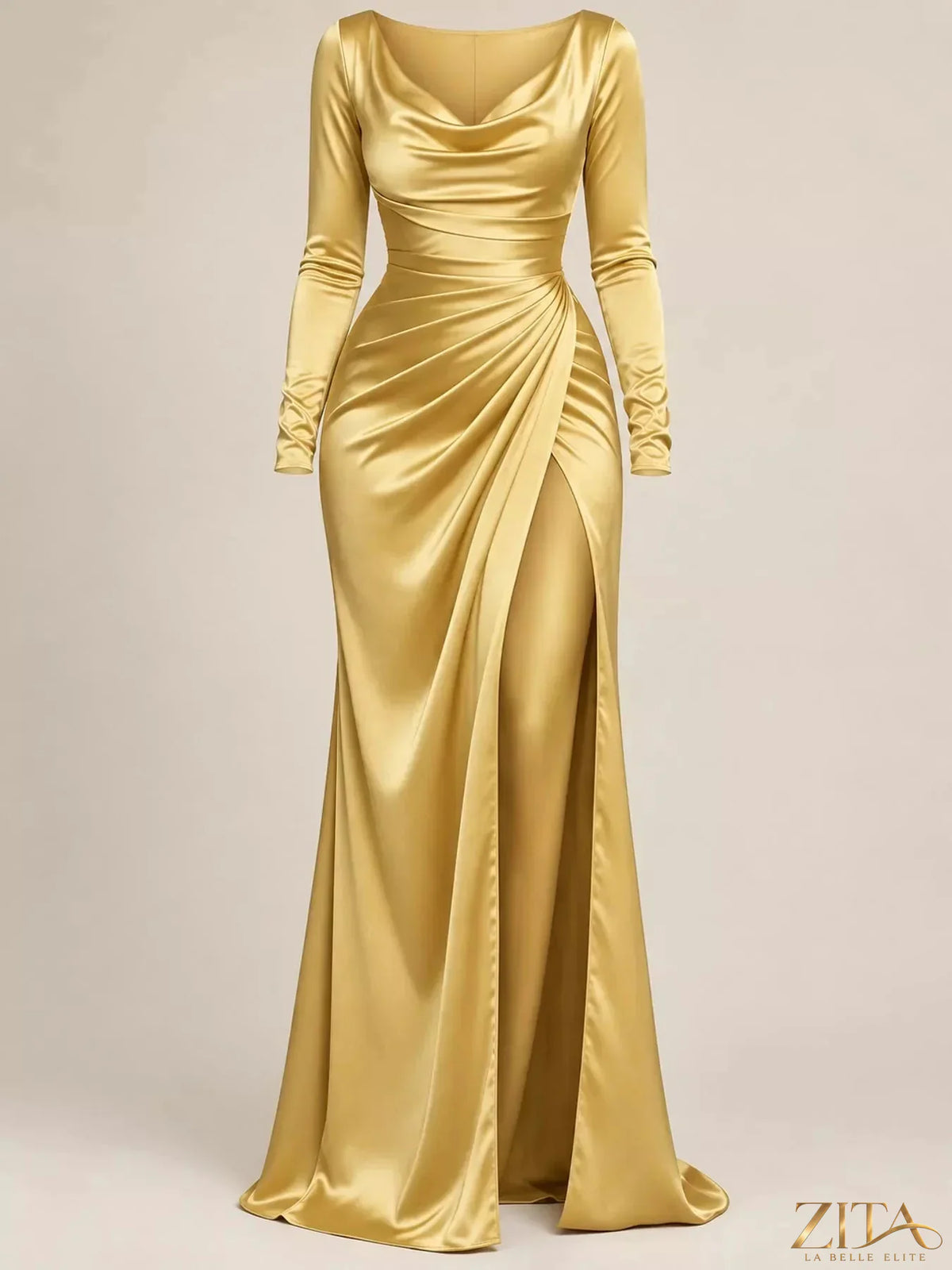 Zita La Belle Elite full size satin cowl neck high slit evening maxi dress, plus size, elegant and flowing with a stylish design