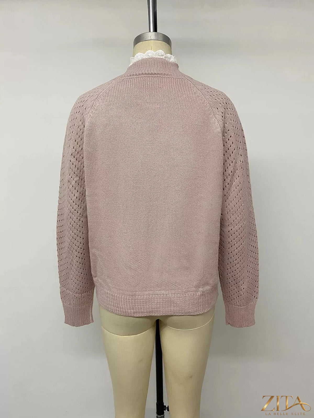 Zita La Belle Elite openwork mock neck sweater featuring intricate knit pattern and lightweight fabric in a stylish design.