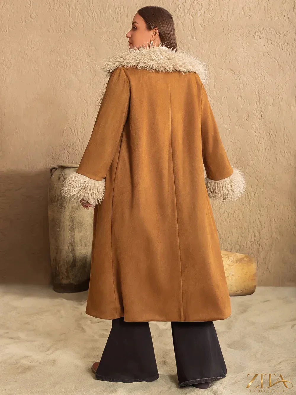Plus size furry trim open front long sleeve coat by Zita La Belle Elite, featuring a cozy, stylish design with plush detailing.