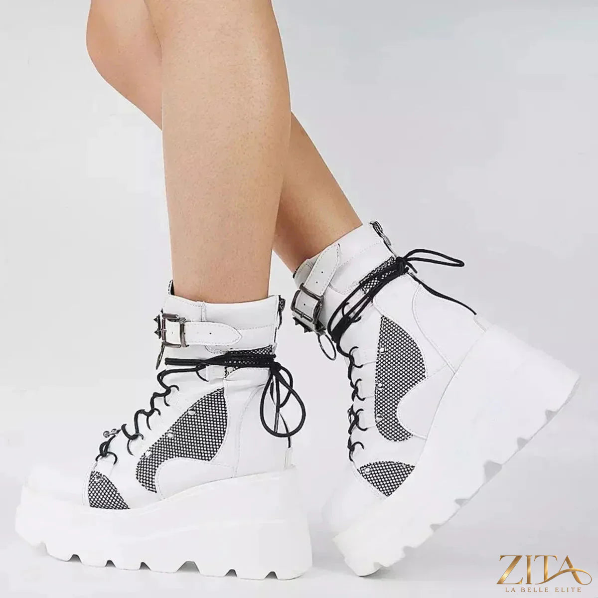Zita La Belle Elite lace-up platform wedge boots with chunky heels and leather upper, stylish for casual and dressy outfits.