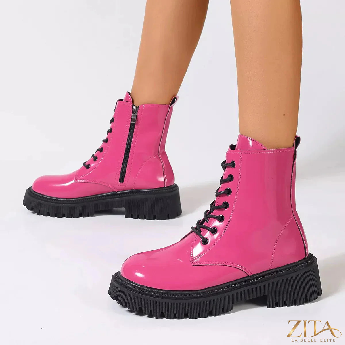 Zita La Belle Elite lace-up platform combat boots with chunky soles and leather upper, displayed on a white background.