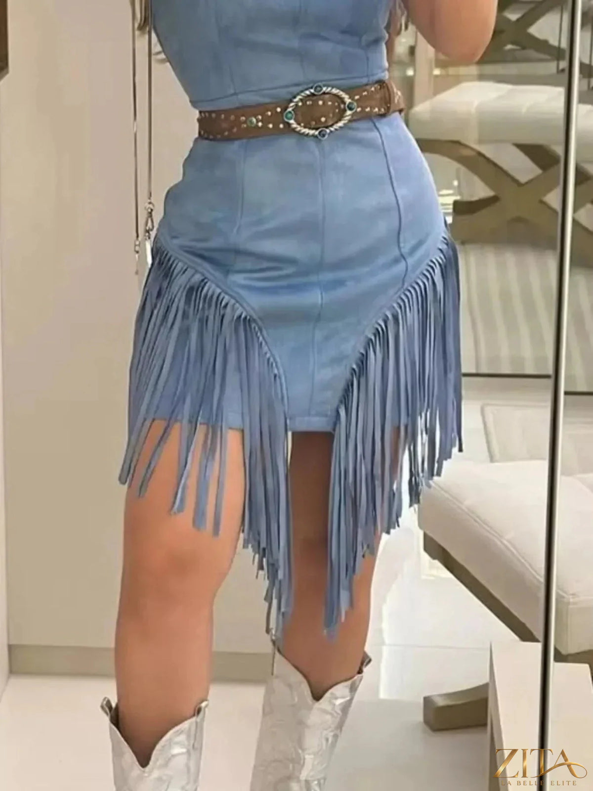 Zita La Belle Elite sleeveless fringed mini dress with intricate fringe details and a fitted silhouette, perfect for stylish occasions.