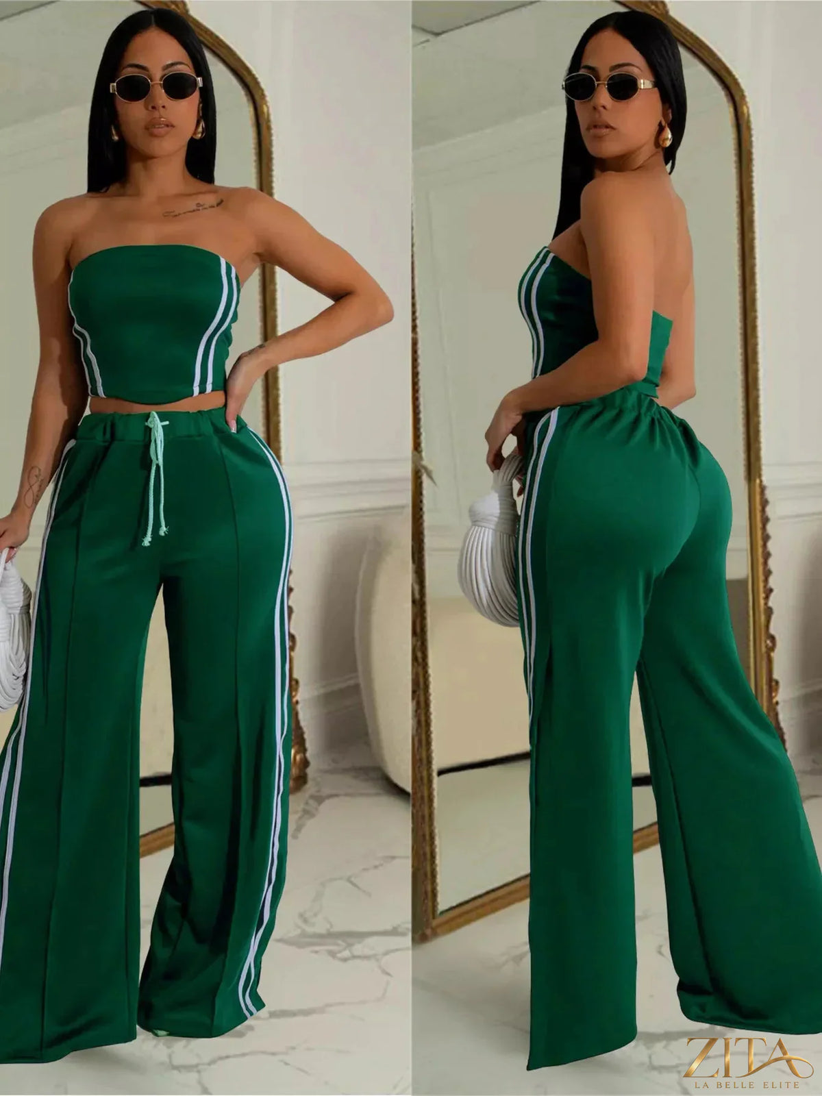 Zita La Belle Elite sleeveless tube top and wide-leg pants set, stylish fashion ensemble, black fabric, flat lay view.