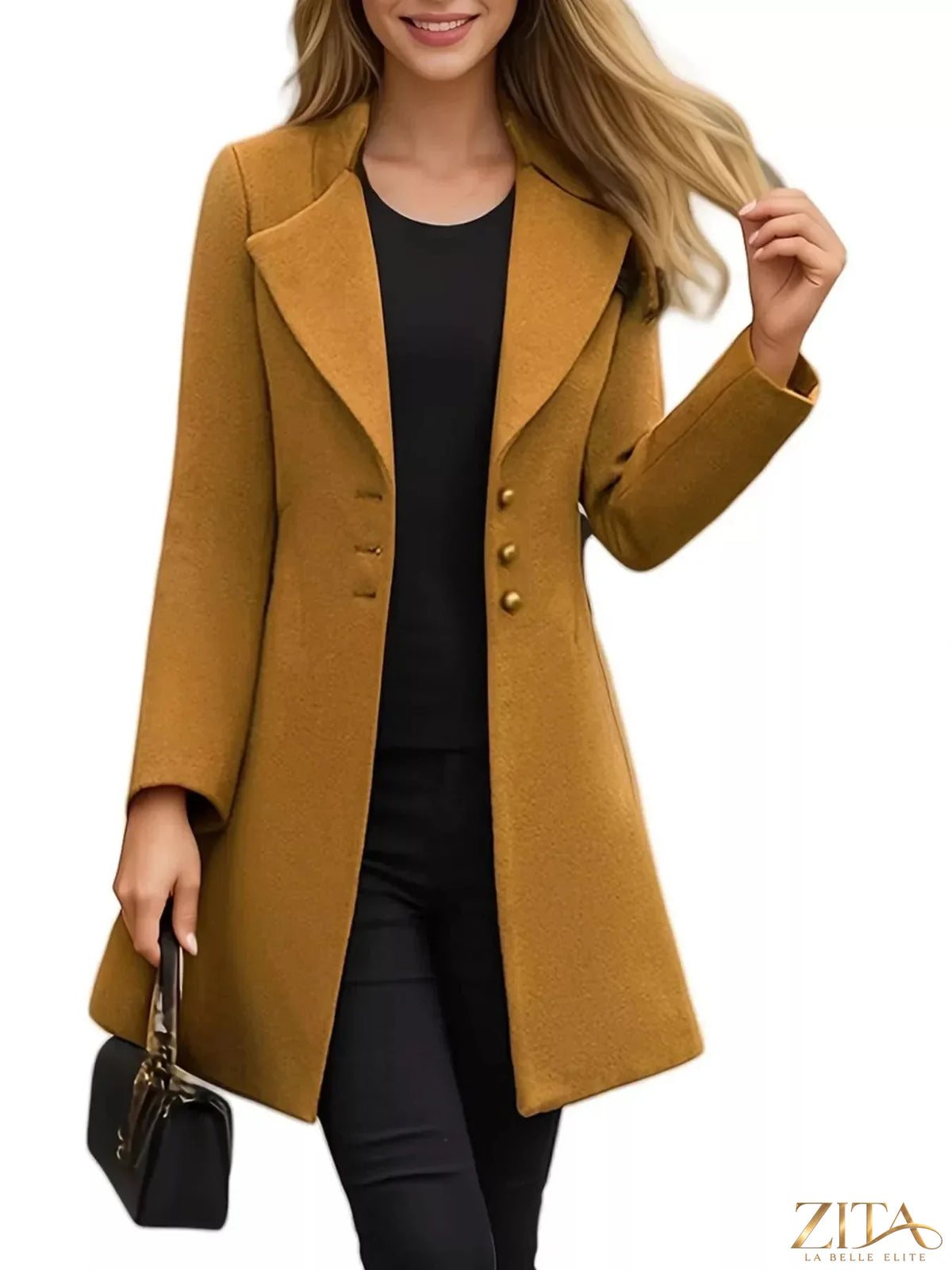 Plus size full-length Zita La Belle Elite single-breasted long sleeve overcoat hanging on a rack.