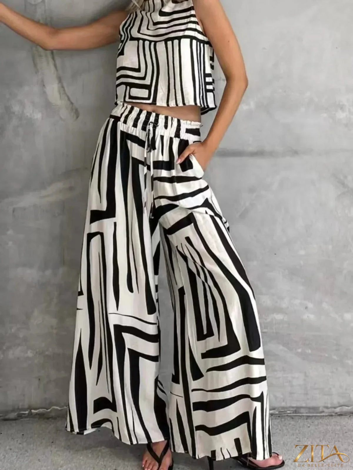 Zita La Belle Elite geometric print sleeveless top and wide-leg pants set, stylish casual outfit with modern pattern and fit.