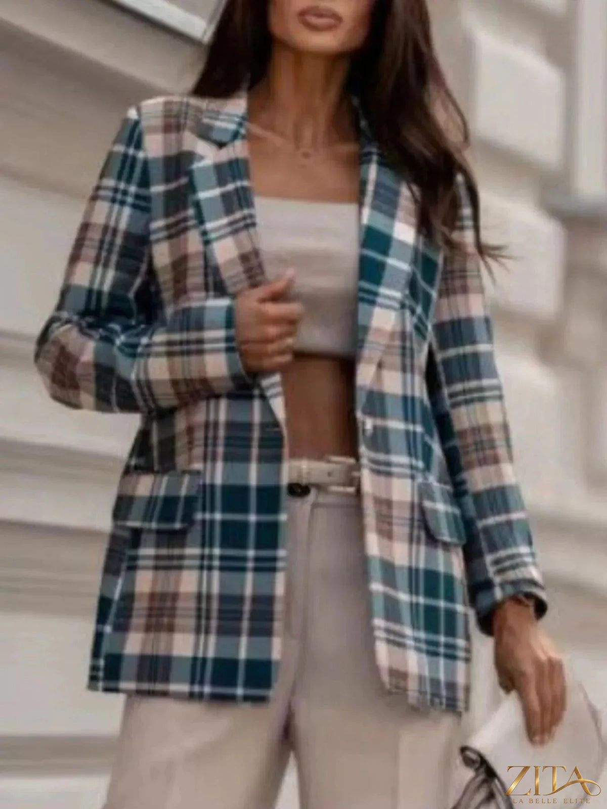 Zita La Belle Elite plaid blazer with lapel collar, tailored fit, featuring classic checkered pattern and stylish design.