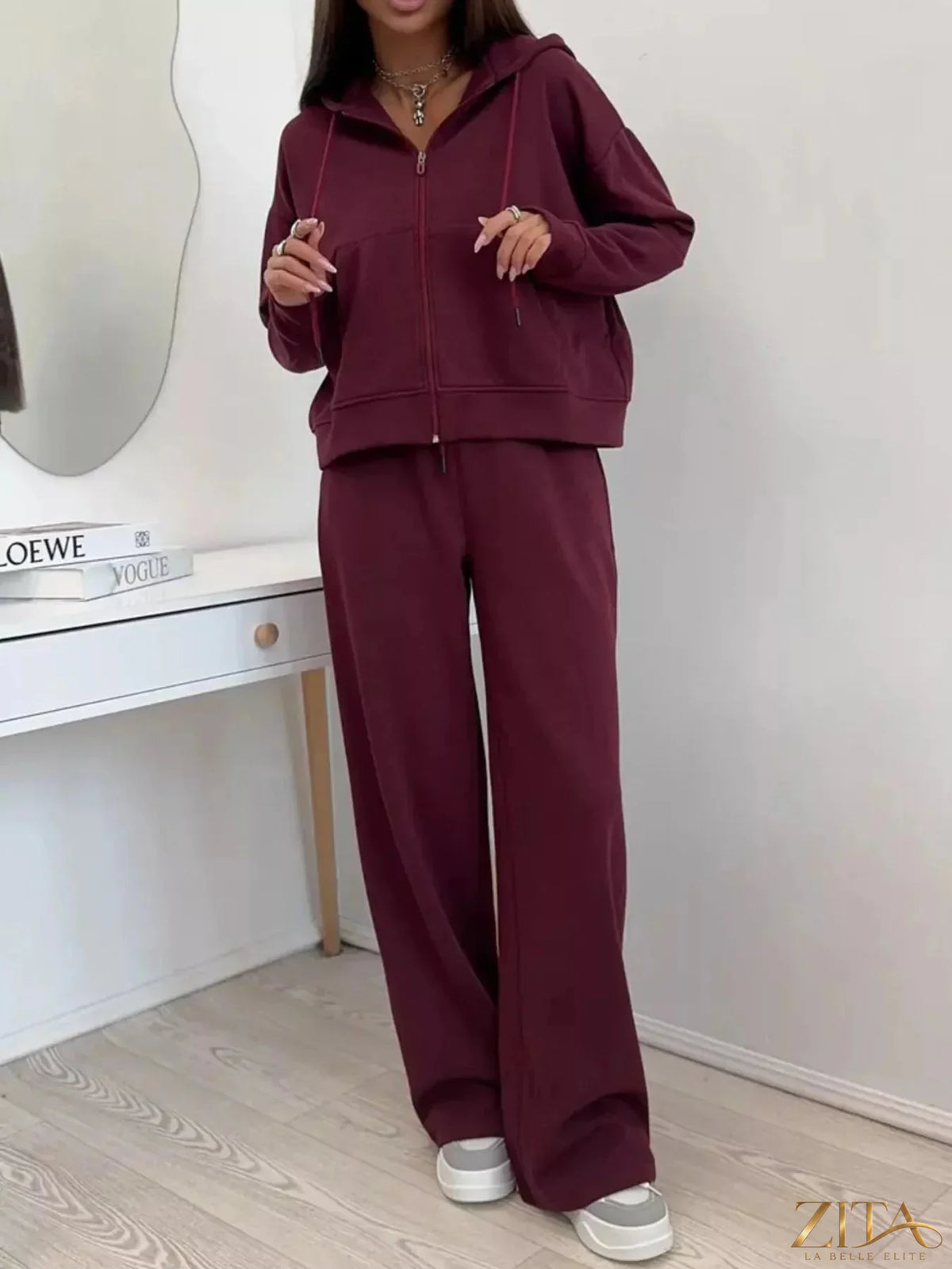Zita La Belle Elite zip-up hoodie and wide-leg pants set, shown in a stylish casual outfit with relaxed fit and comfortable fabric.
