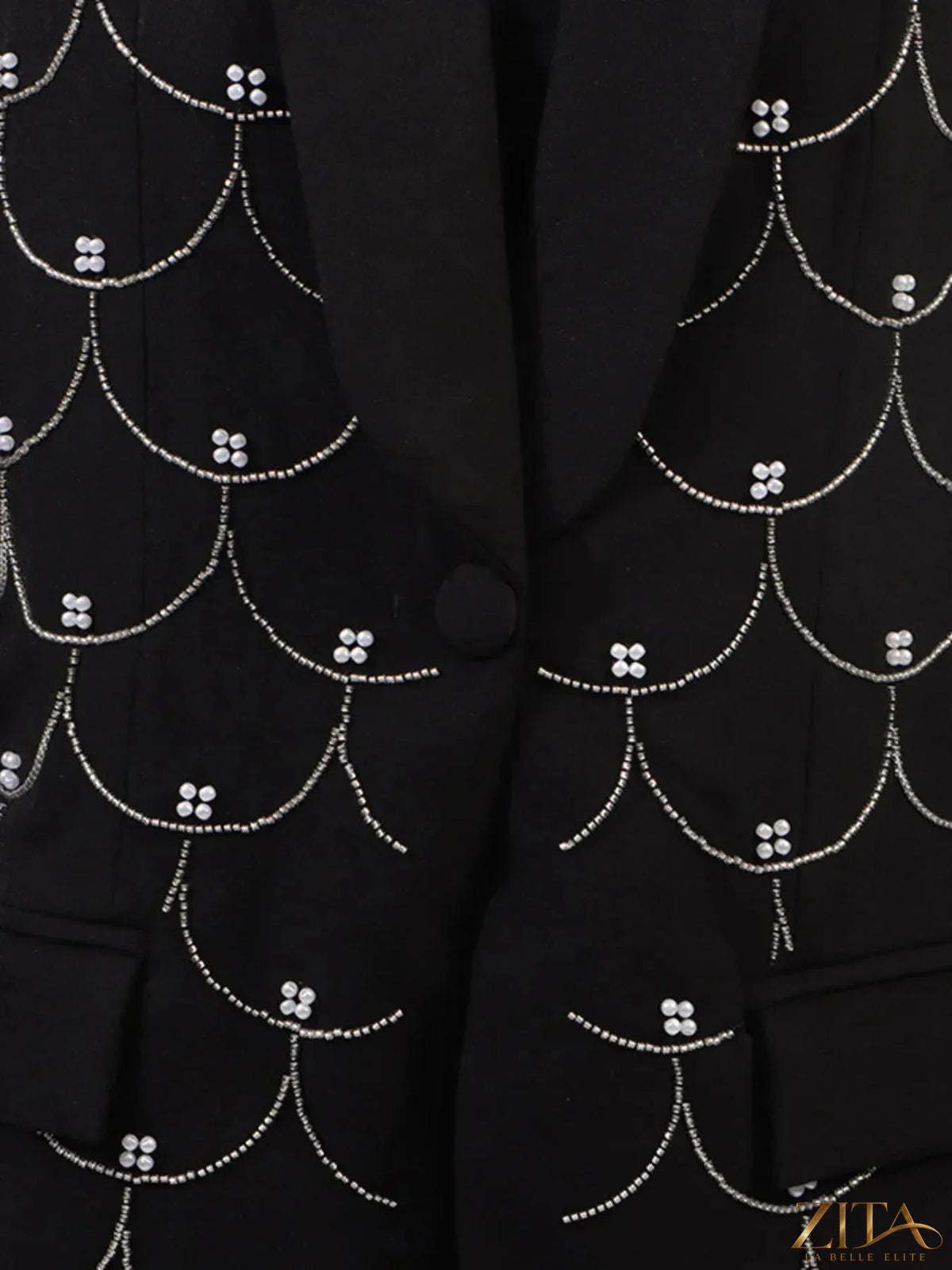 Zita La Belle Elite pearl detail long sleeve blazer, tailored fit with elegant pearl accents on a sleek black design.