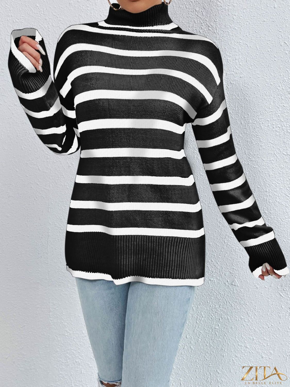 Striped turtleneck drop shoulder sweater by Trendsi, featuring a cozy knit with bold horizontal stripes and relaxed fit.