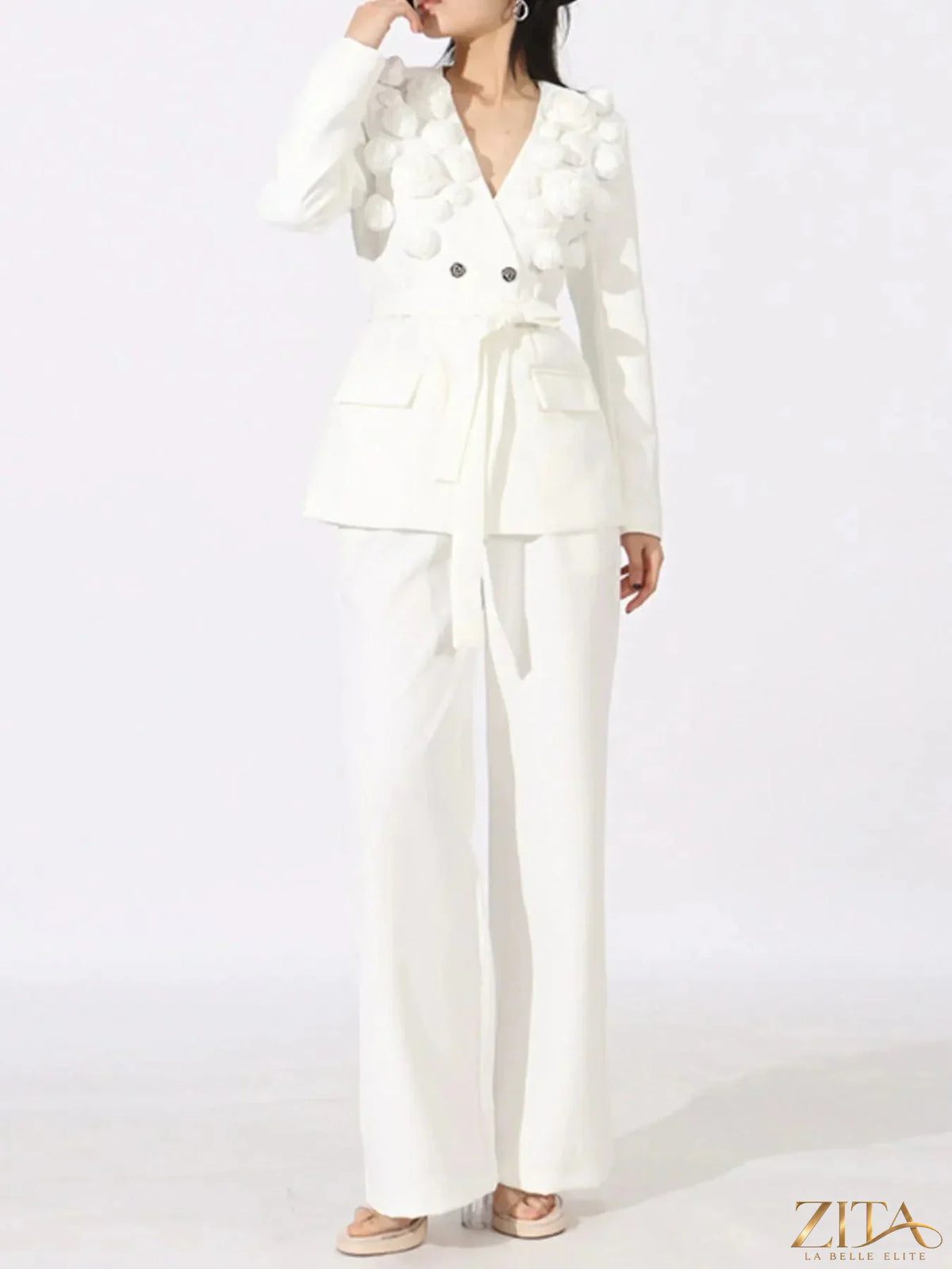 Zita La Belle Elite flower print long sleeve blazer and matching pants set, stylish women's fashion ensemble.