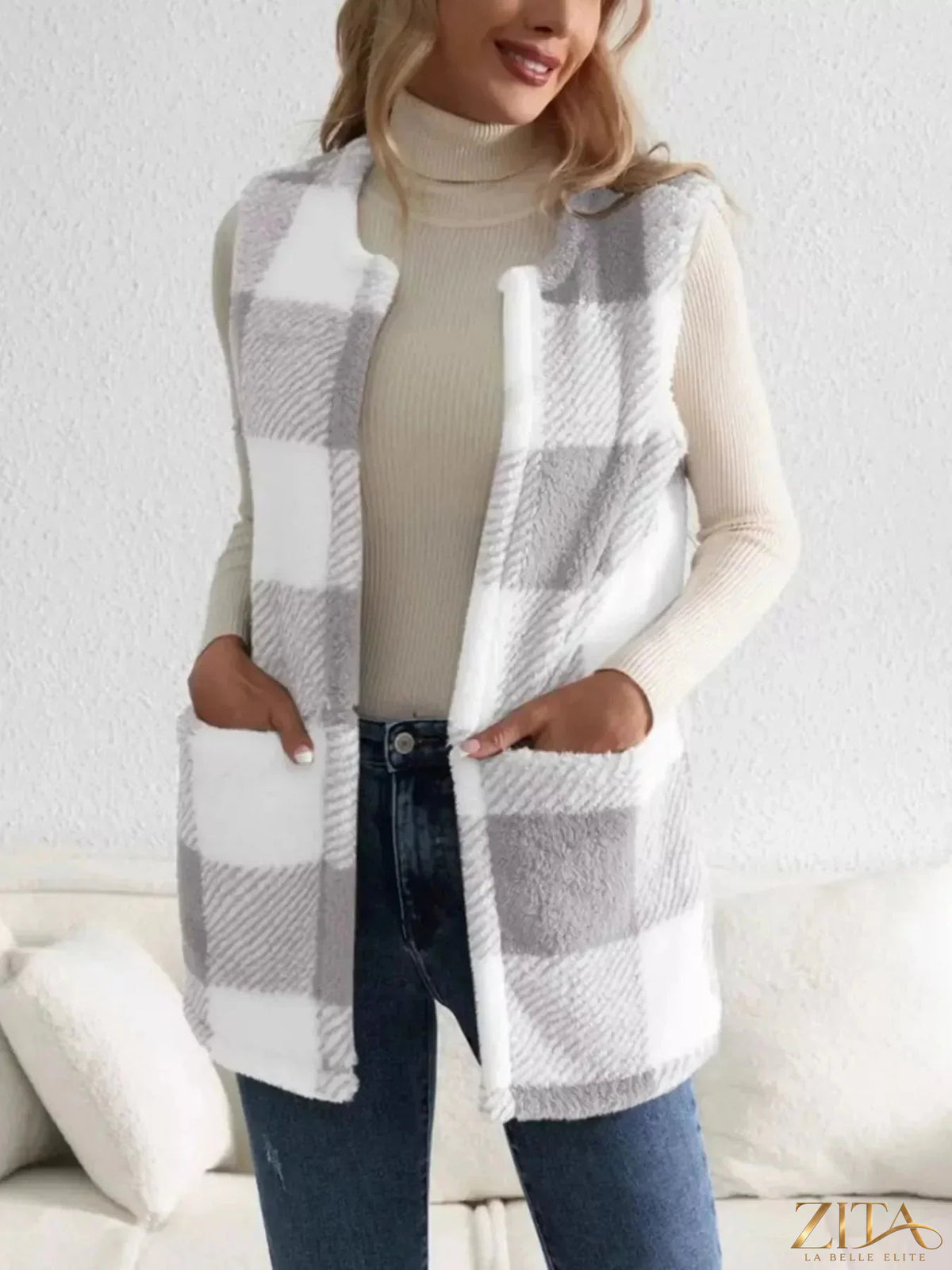 Zita La Belle Elite cozy plaid sherpa vest coat with soft fleece lining and stylish checkered pattern for warmth and comfort.
