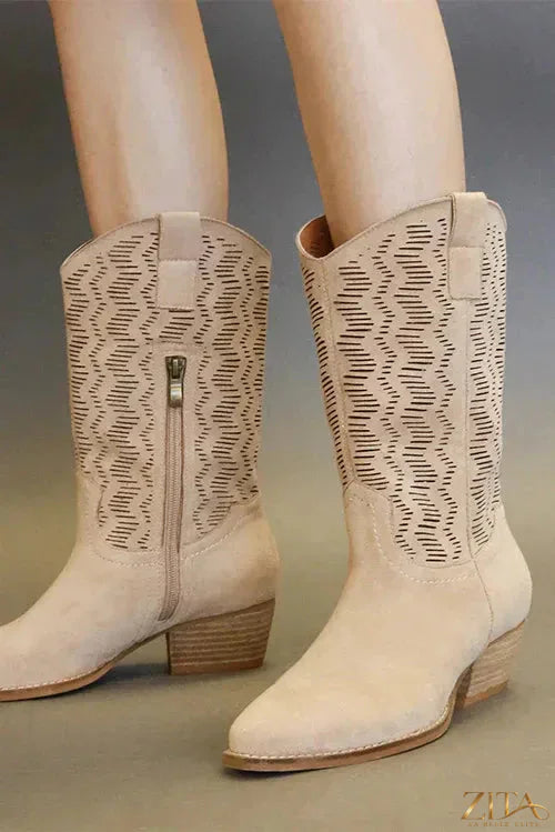 Zita La Belle Elite faux suede block heel boots with laser cut detail and stylish design.