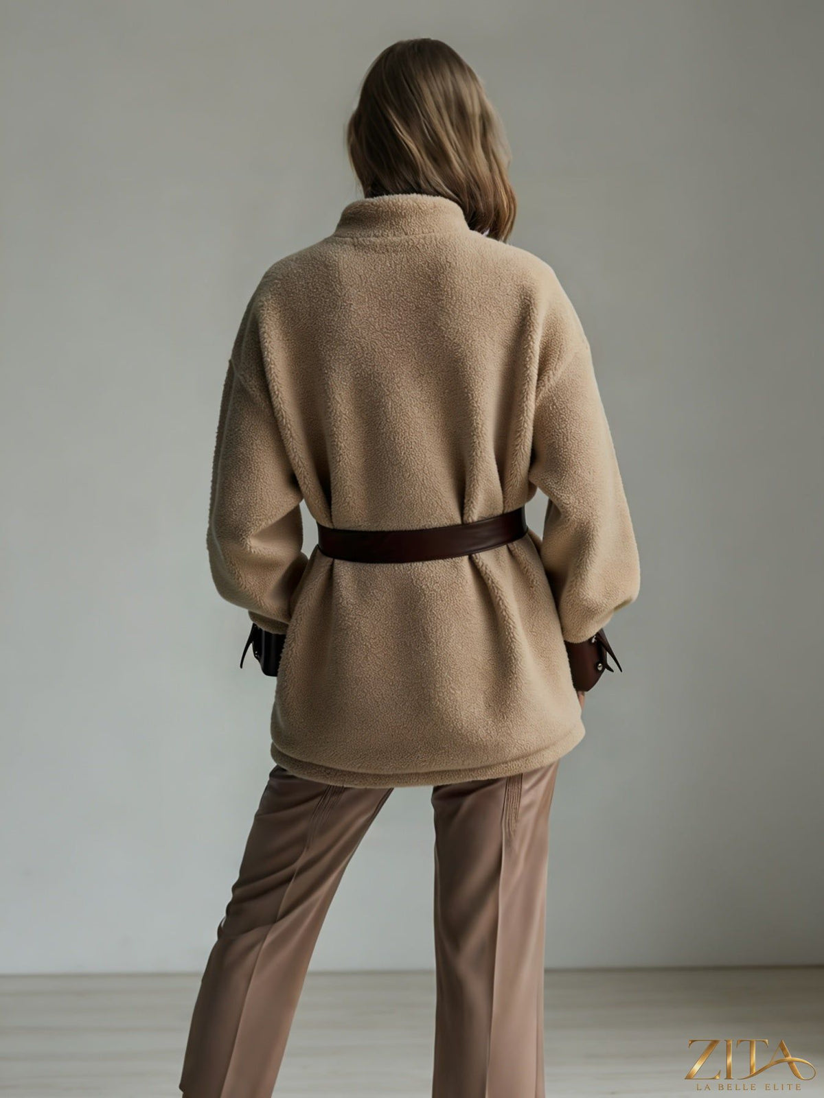 Women’s vintage PU leather jacket with lamb fur lining, autumn winter coat by Zita La Belle Elite, stylish and warm outerwear.
