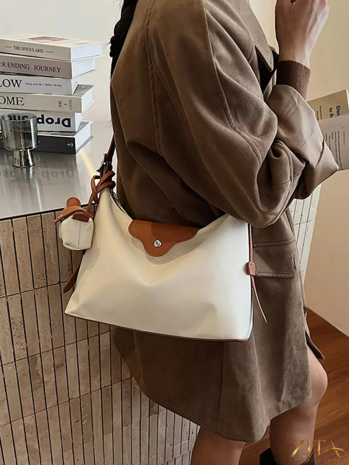 Zita La Belle Elite hobo crossbody bag with attached coin purse, brown leather with adjustable strap and gold-tone hardware.