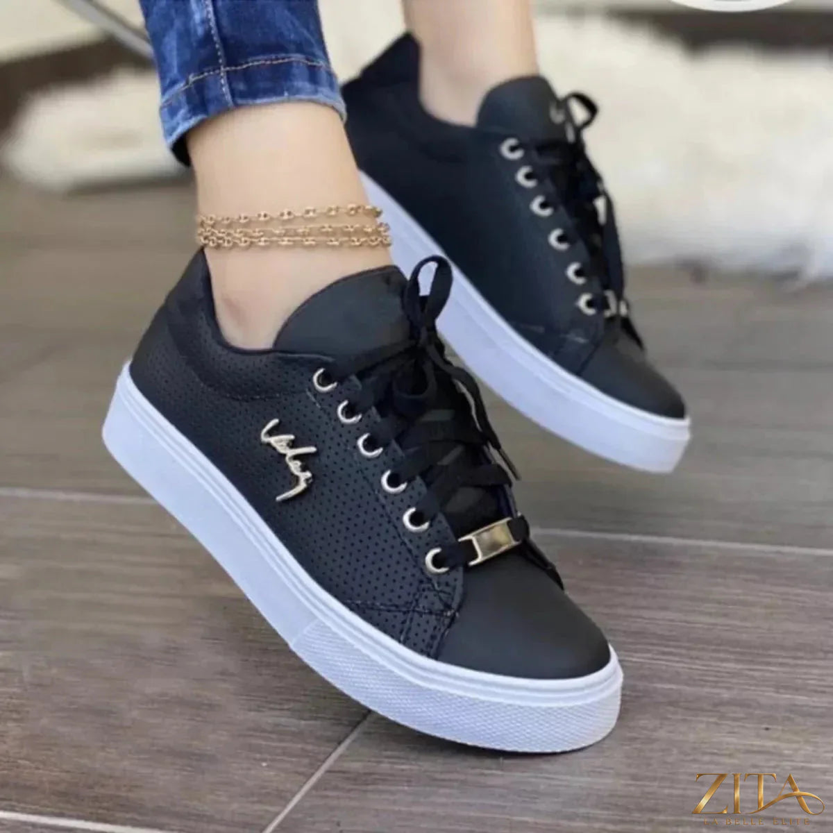 Zita La Belle Elite lace-up round toe sneakers in white, featuring stylish design and comfortable rubber sole.