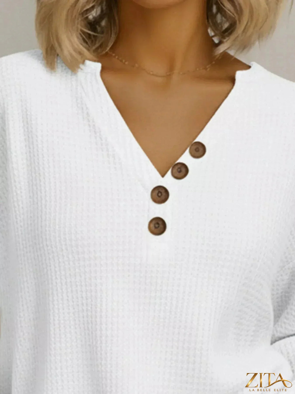 Plus size Zita La Belle Elite waffle knit V-neck long sleeve T-shirt with casual style and comfortable full-size fit.