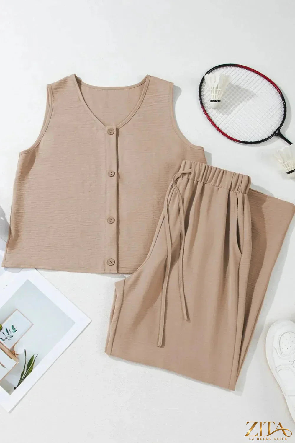 Zita La Belle Elite button down vest and drawstring wide leg pants set, stylish casual outfit, front view with neutral background.