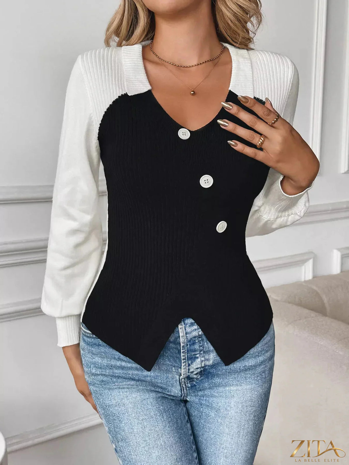 Color block V-neck sweater by Zita La Belle Elite featuring vibrant contrasting colors and a stylish fit.