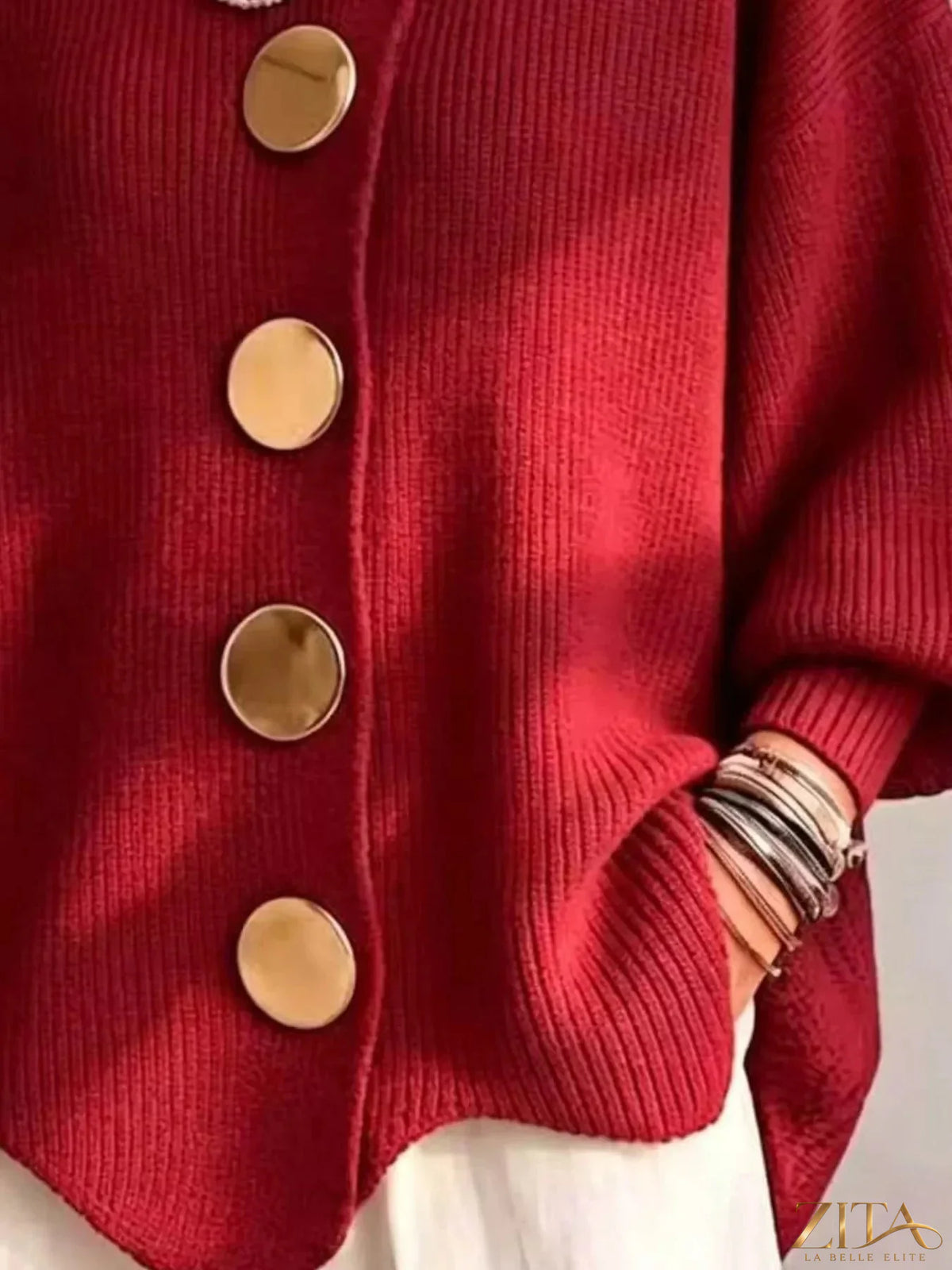 Plus size ribbed knit cardigan by Zita La Belle Elite featuring gold buttons, full length with a cozy, textured design.