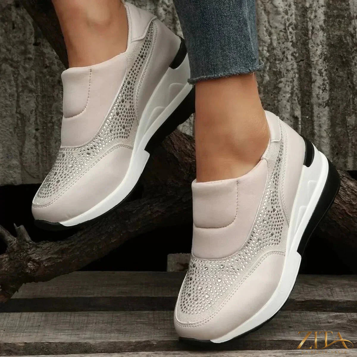 Rhinestone embellished wedge sneakers by Zita La Belle Elite with sparkling rhinestones and a stylish wedge heel.