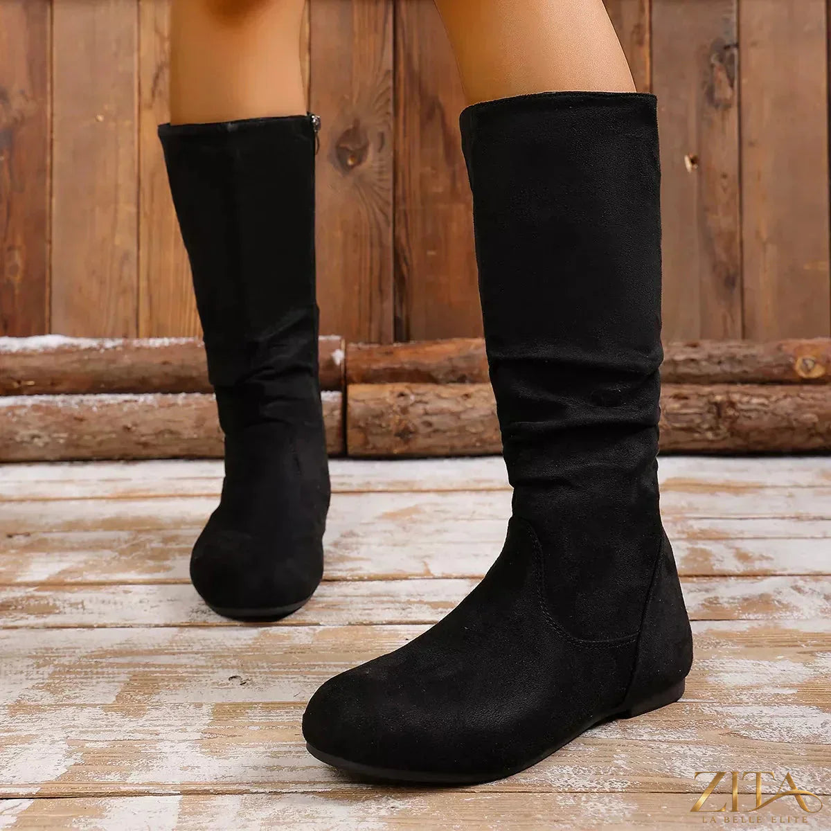 Zita La Belle Elite round toe side zip boots in black leather with chunky heel, side zipper closure, and stylish design.