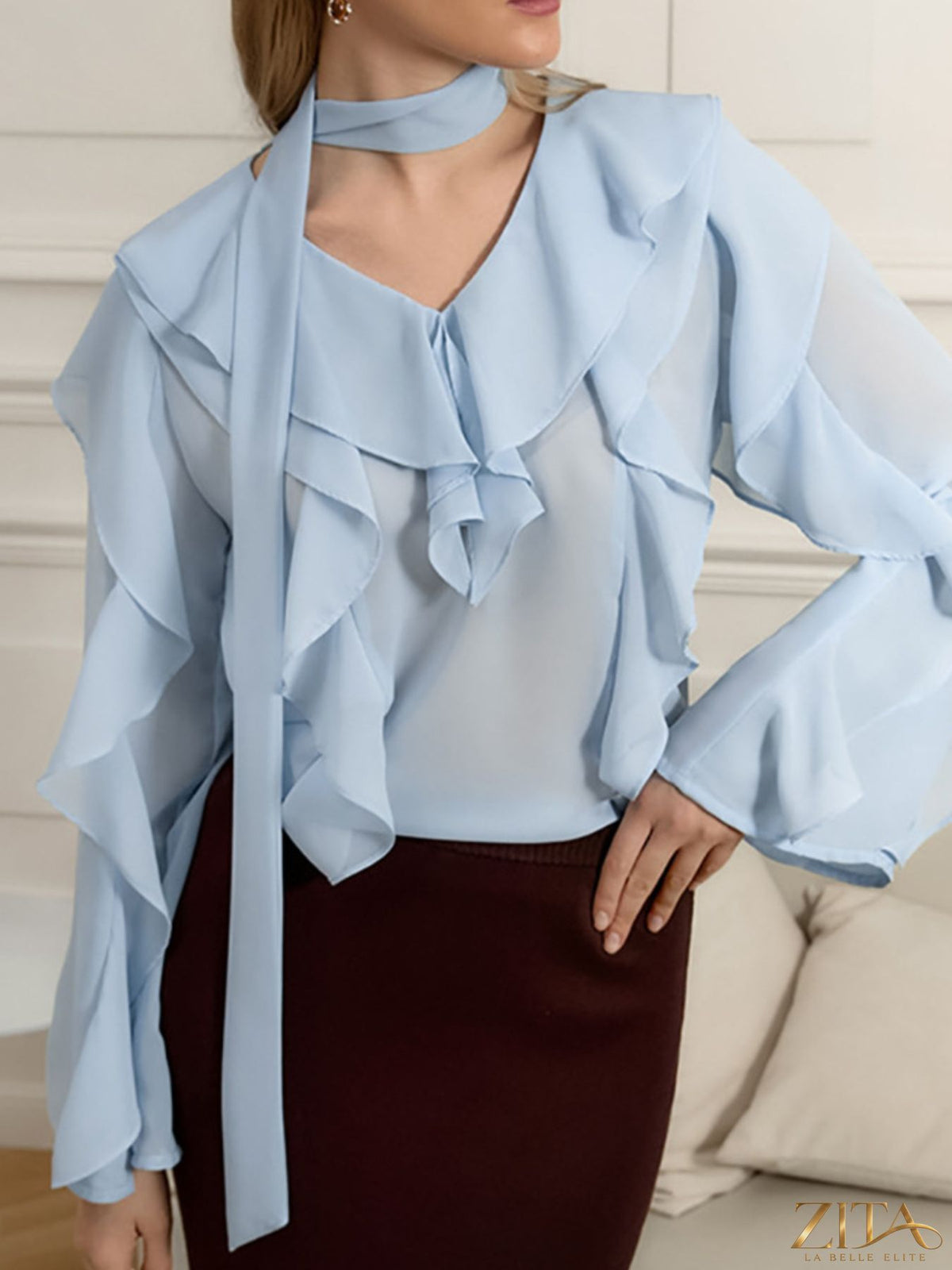 Zita La Belle Elite ruffle trim chiffon blouse featuring delicate ruffles and lightweight fabric, stylish and feminine for casual or dressy wear.