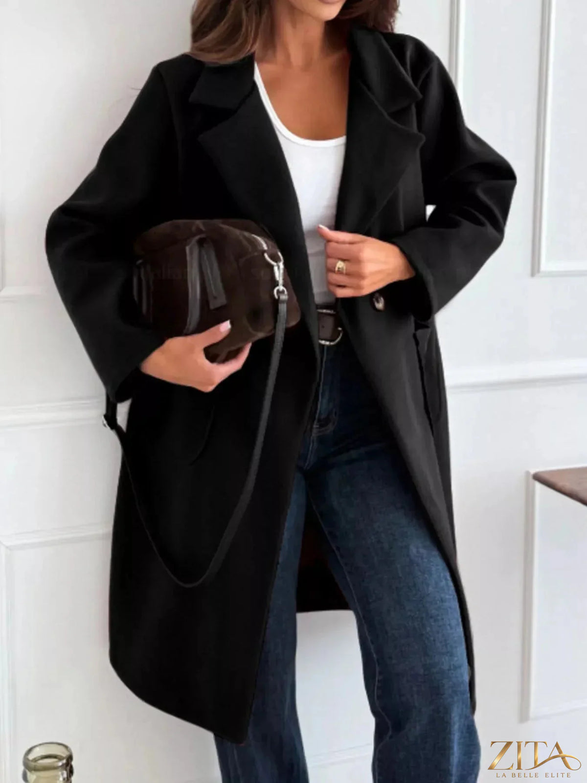 Zita La Belle Elite long-sleeve single-breasted trench coat in classic beige, shown on a model with a belt and tailored fit.