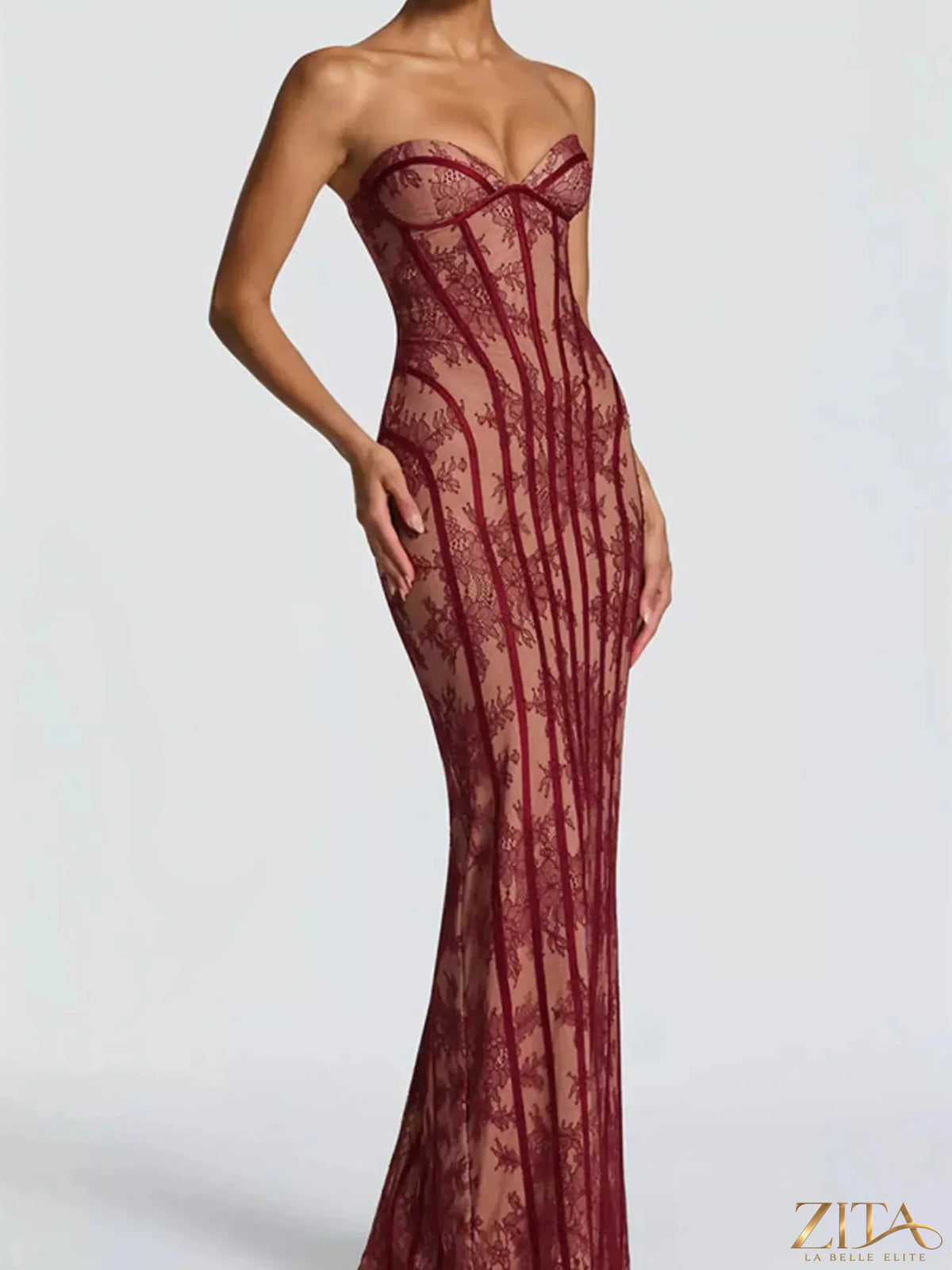 Zita La Belle Elite lace-up back strapless maxi dress with flowing fabric and fitted bodice, perfect for elegant occasions.