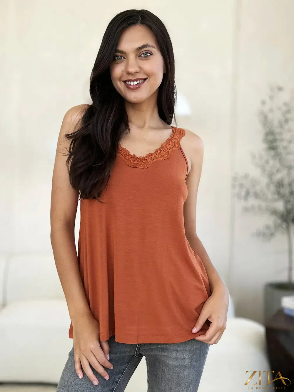 Zita La Belle Elite Basic Bae full-size lace detail V-neck cutout cami top showing lace accents and V-neck design