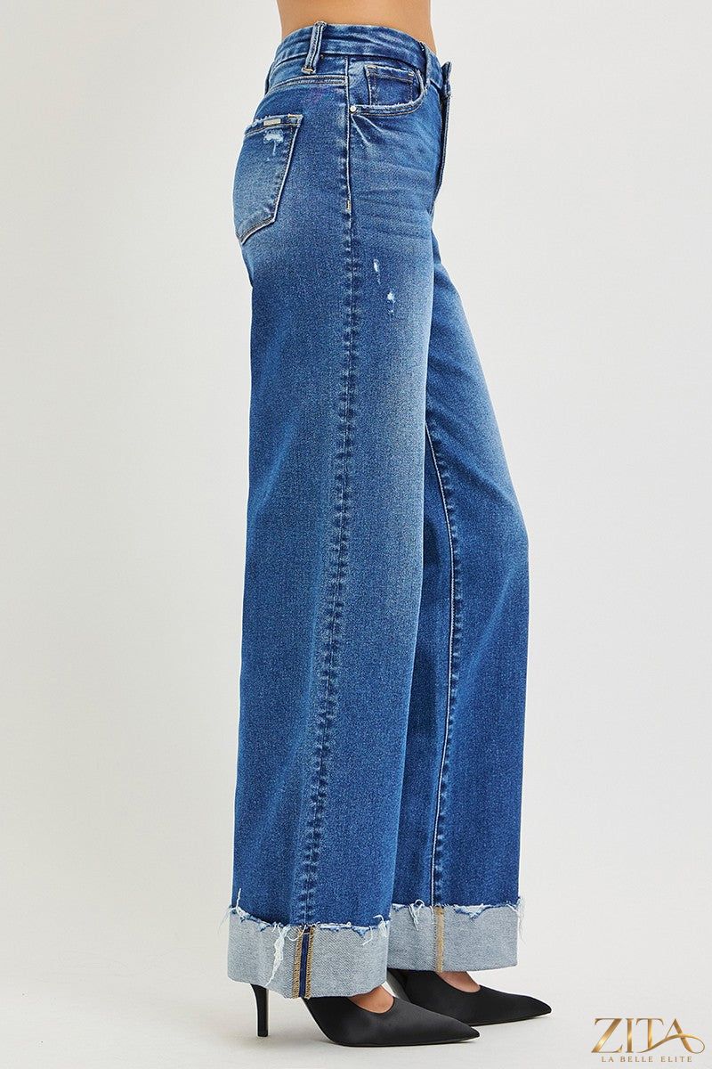 Zita La Belle Elite RISEN high rise wide leg jeans with cuffed hem, showcasing a stylish denim fit and modern design.
