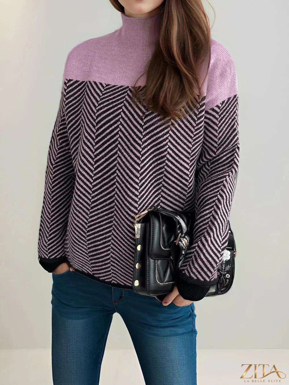 Contrast turtleneck long sleeve sweater by Trendsi, featuring a cozy knit with a fitted silhouette and ribbed collar.