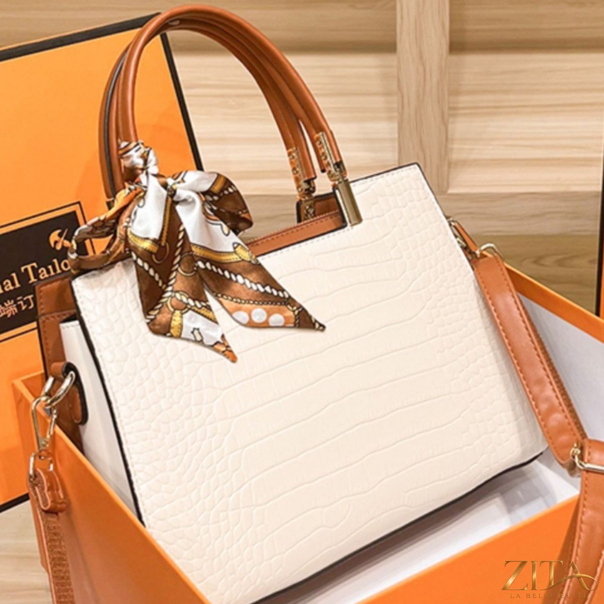 Zita La Belle Elite crocodile embossed top handle handbag with scarf and structured silhouette