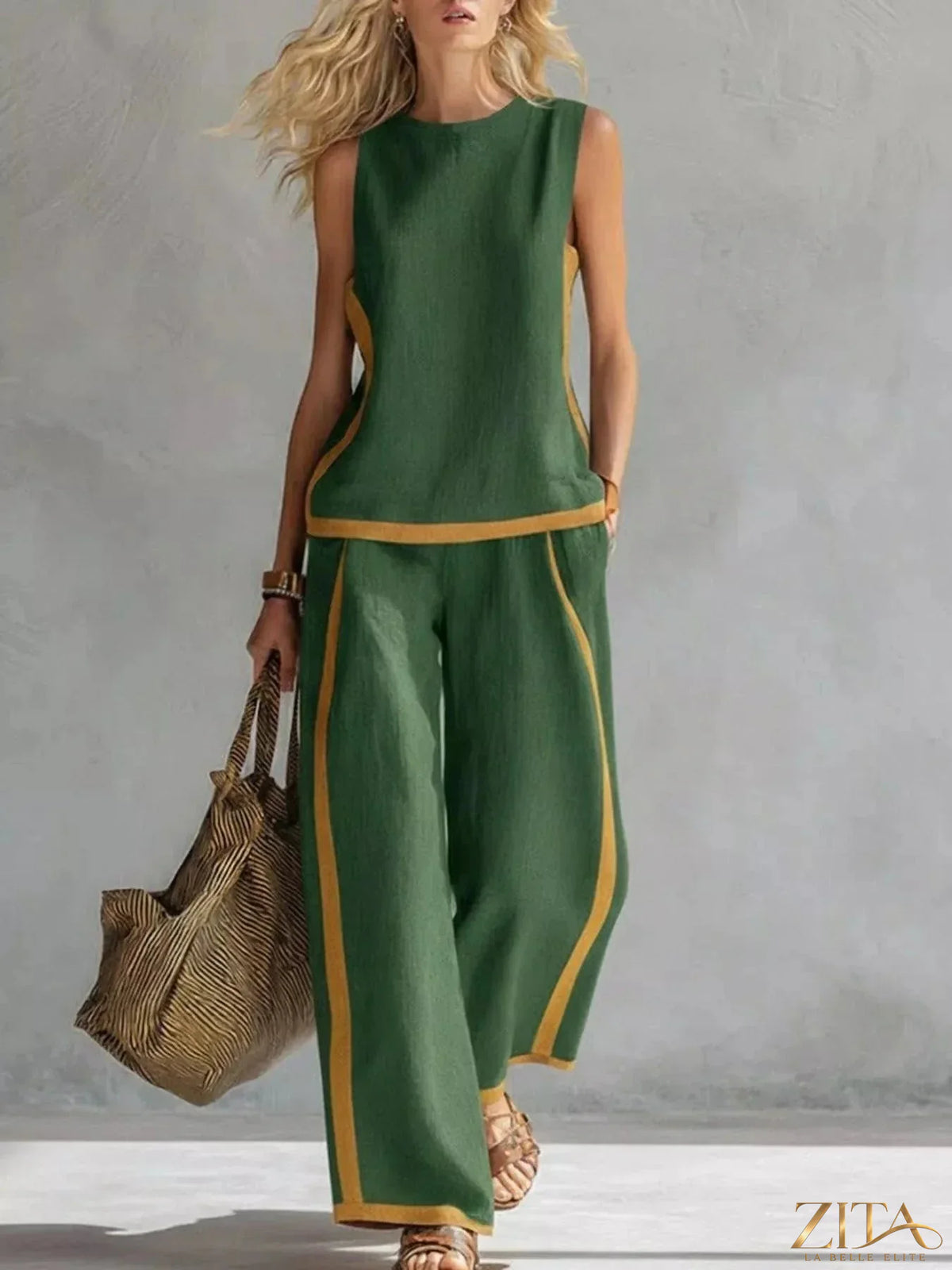 Zita La Belle Elite sleeveless tank top and wide-leg pants set, stylish casual outfit, shown in a relaxed fit and comfortable fabric