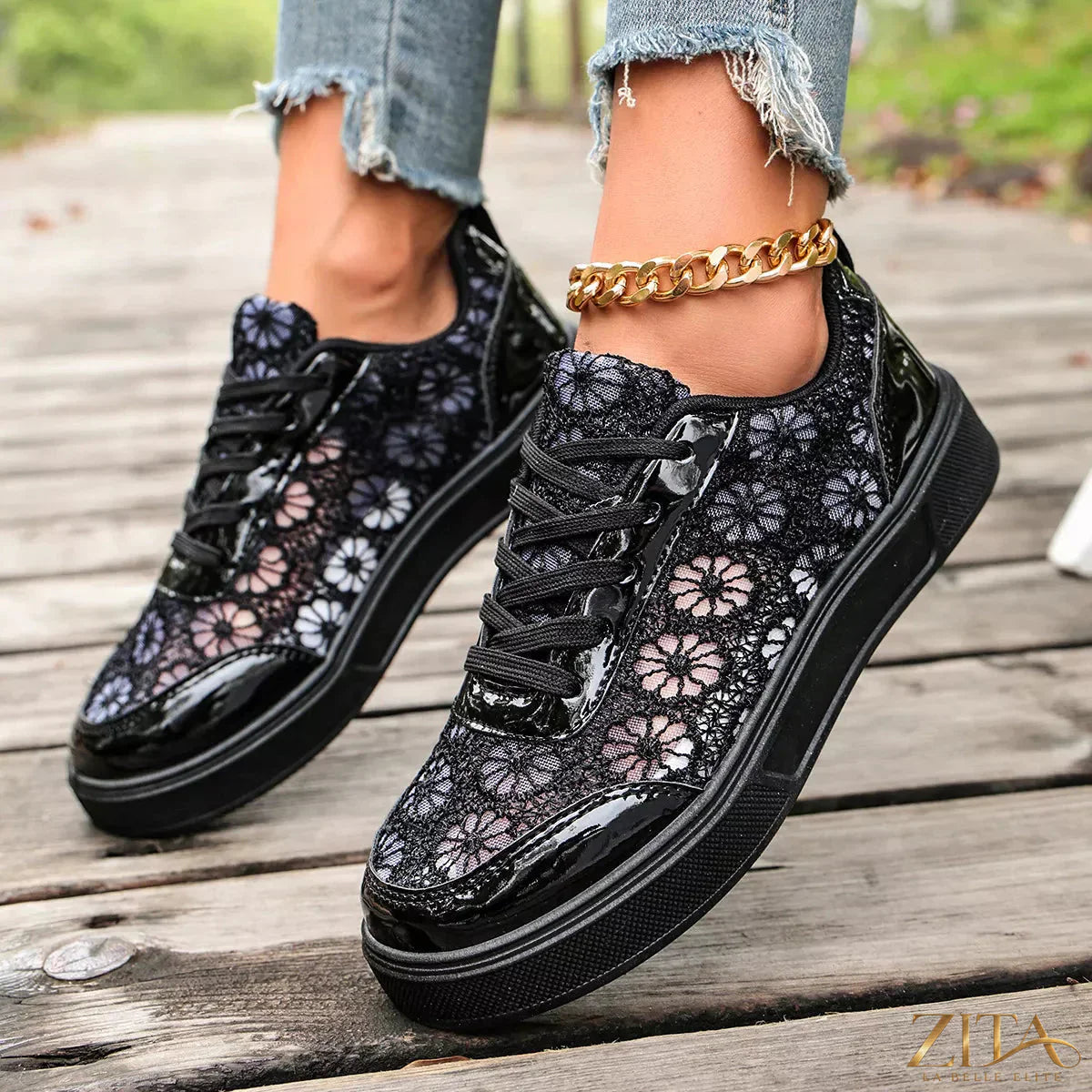Zita La Belle Elite round toe lace sneakers with white soles, stylish casual footwear for women.