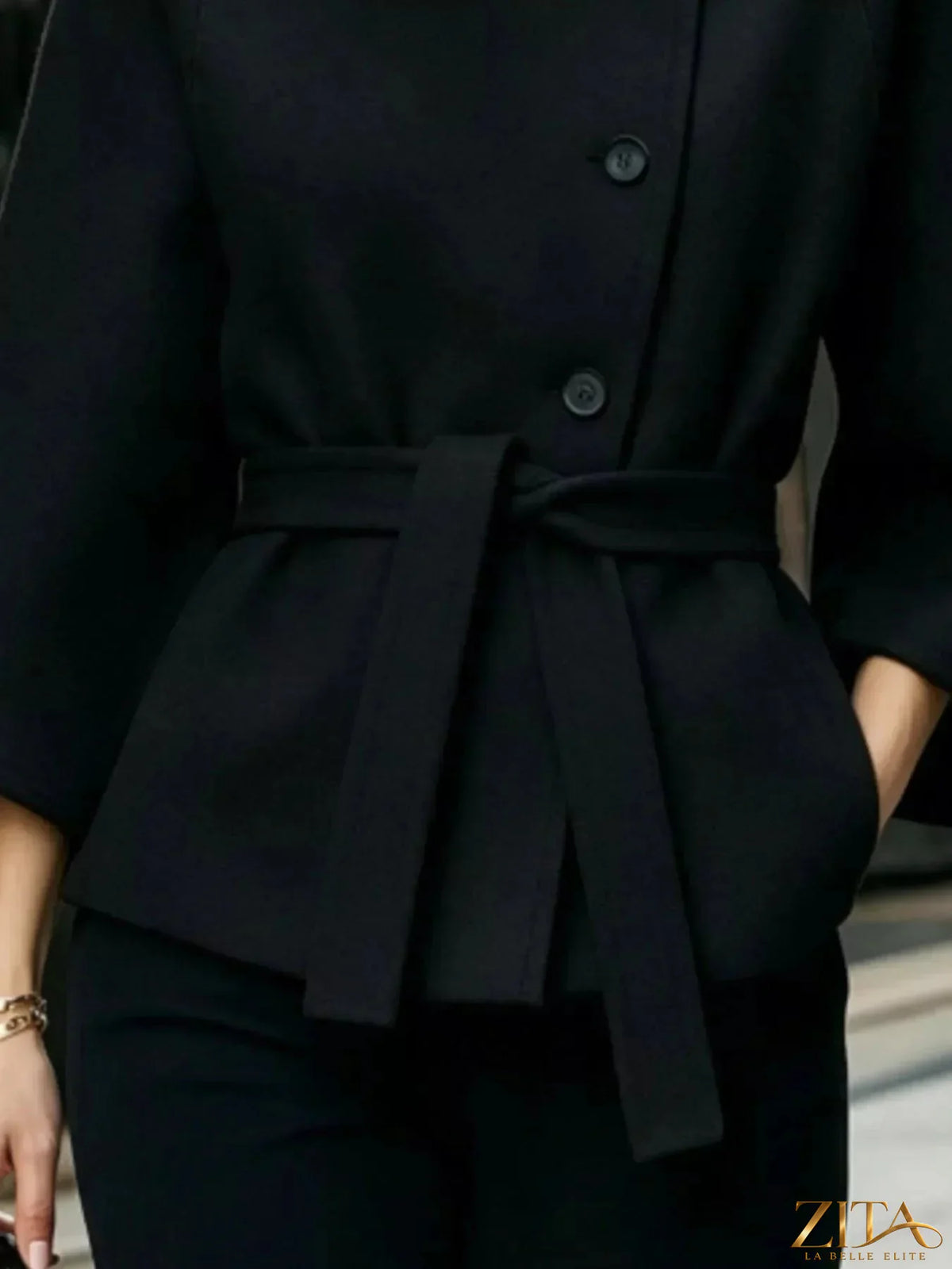 Zita La Belle Elite button-down cape coat with belted waist, shown in a stylish outerwear design with a smooth fabric finish.