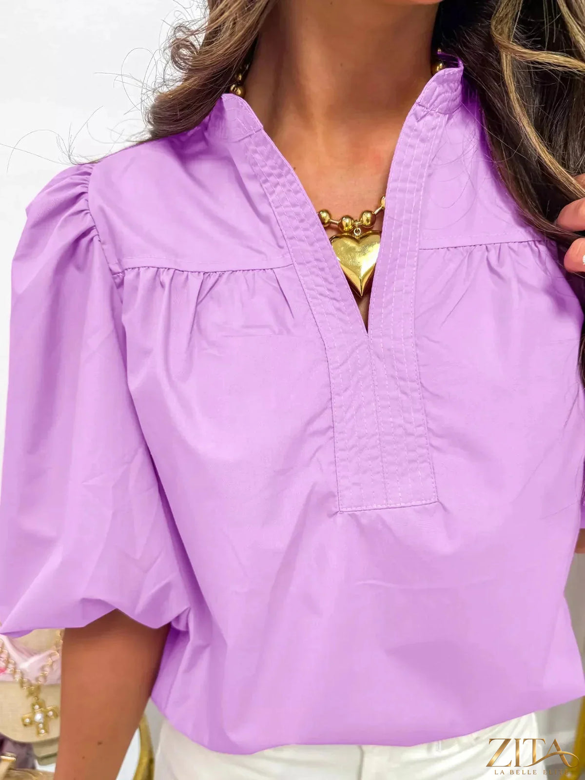 Zita La Belle Elite notched puff sleeve blouse with ruffled details and lightweight fabric, stylish and feminine top for casual or formal wear.