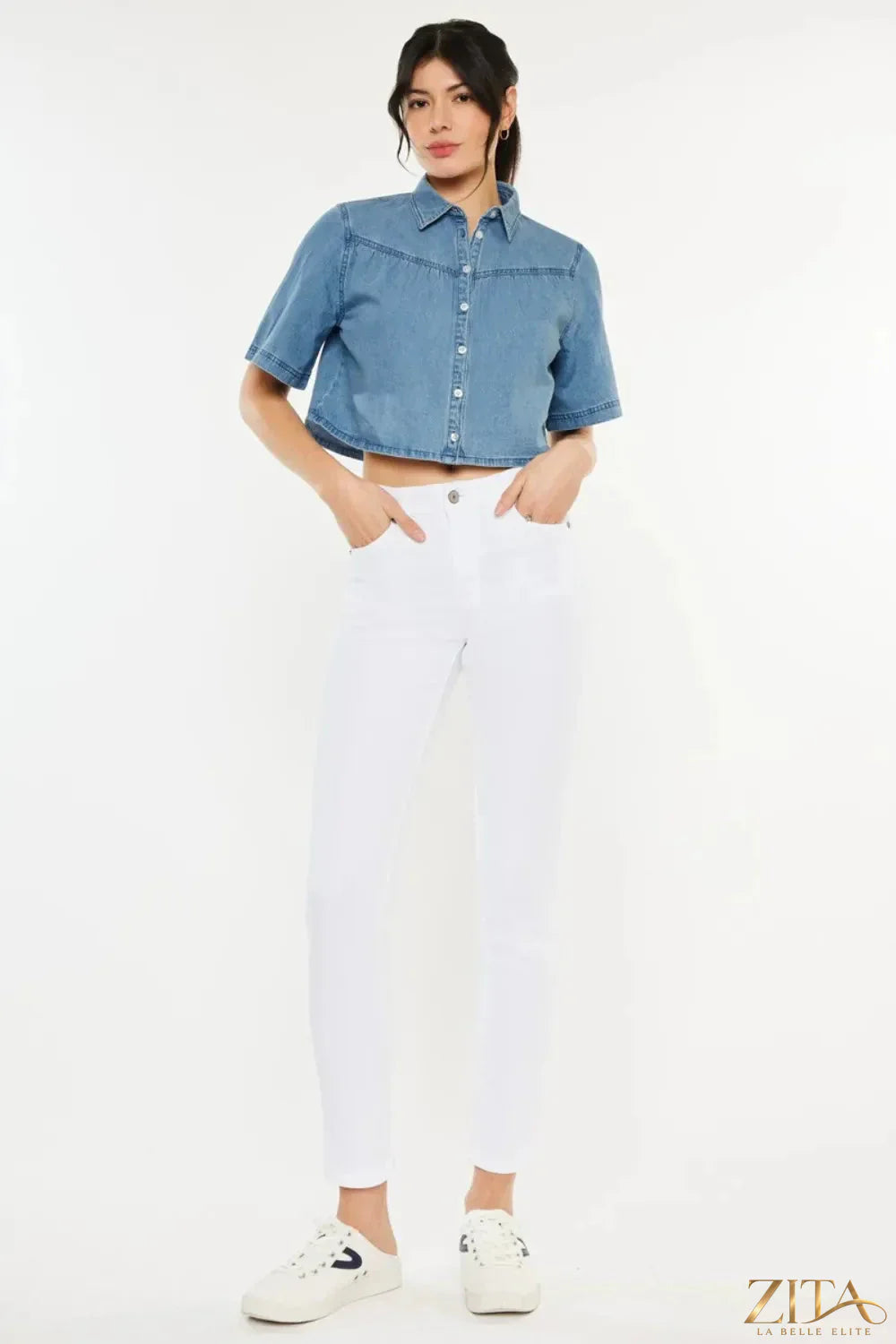 Zita La Belle Elite Kancan high rise ankle skinny jeans in dark wash, close-up of fitted denim with subtle stitching details.
