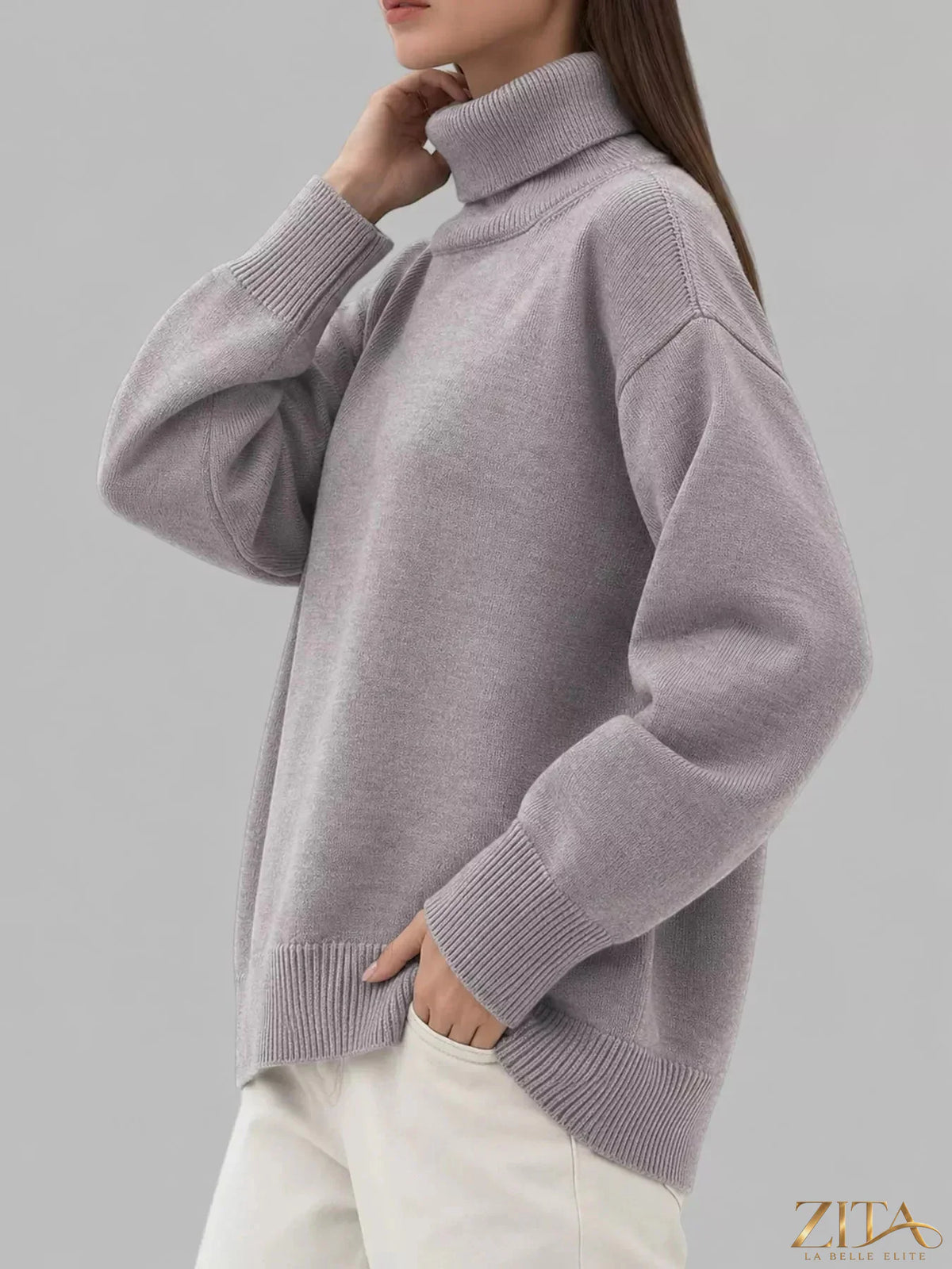 Zita La Belle Elite turtleneck dropped shoulder sweater in cozy knit, featuring a relaxed fit and stylish design.