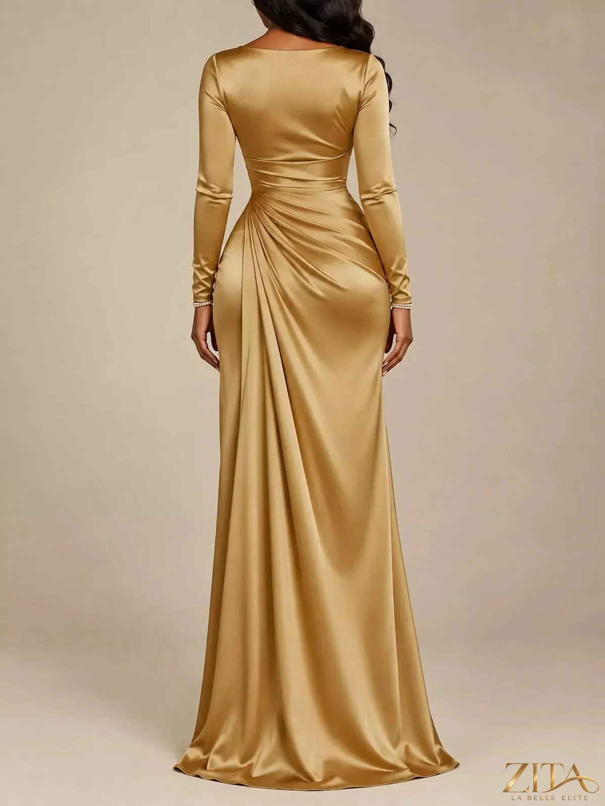 Full size satin cowl neck evening maxi dress with high slit by Zita La Belle Elite, shown in deep satin fabric with elegant drape.