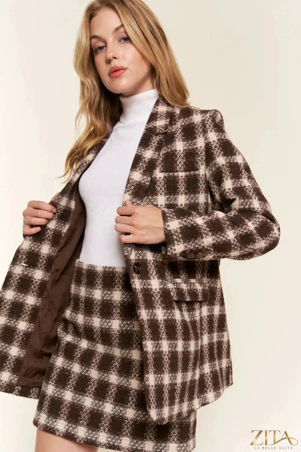 Zita La Belle Elite And The Why full size plaid brushed blazer with one button, stylish tailored design in neutral tones.