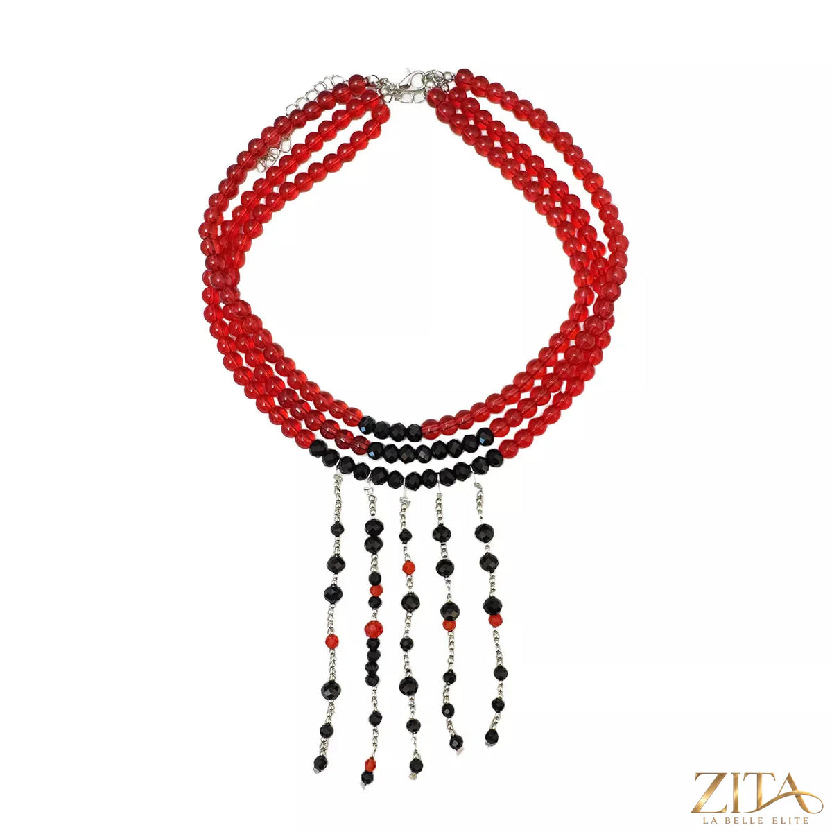 Gothic multi-layered beaded necklace with dark beads and intricate metal accents, styled for a bold fashion statement.